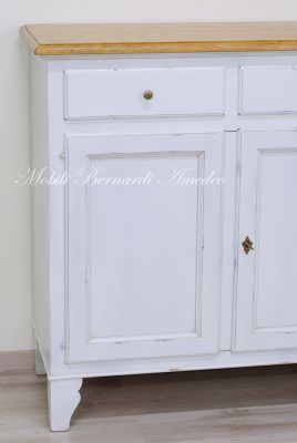 Living room or kitchen sideboard in solid wood with white lacquered finish and oak top